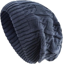 Unisex Trendy Beanie Warm Oversized Chunky Cable Knit Slouchy Woolen Hat Blue