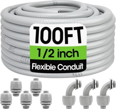 100FT 1/2'' Flexible Liquid Tight Conduit PVC Electrical Tubing Kit w/ Fittings