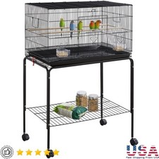 Spacious Metal Bird Cage W/ Rolling Stand Slide-Out Tray Parrots  Birds Black