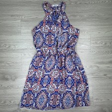 Parker Womens Dress Halter Paisley Medallion Blue Orange Medium Boho