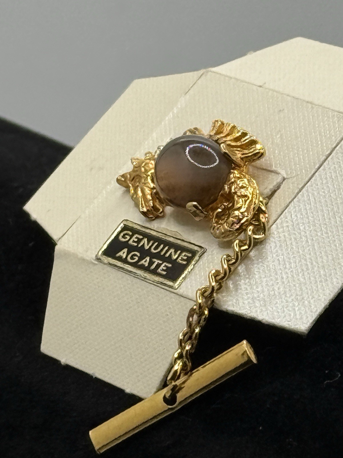 Vintage Agate Lapel Tie Tack Pin Gold-tone Seahorse Small Bar Men’s Formal Wear