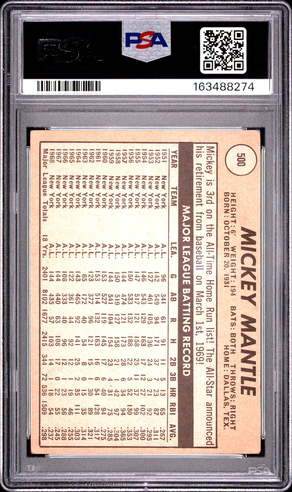 Mickey Mantle - 1969 Topps Last Name In Yellow PSA 2.5 view 2