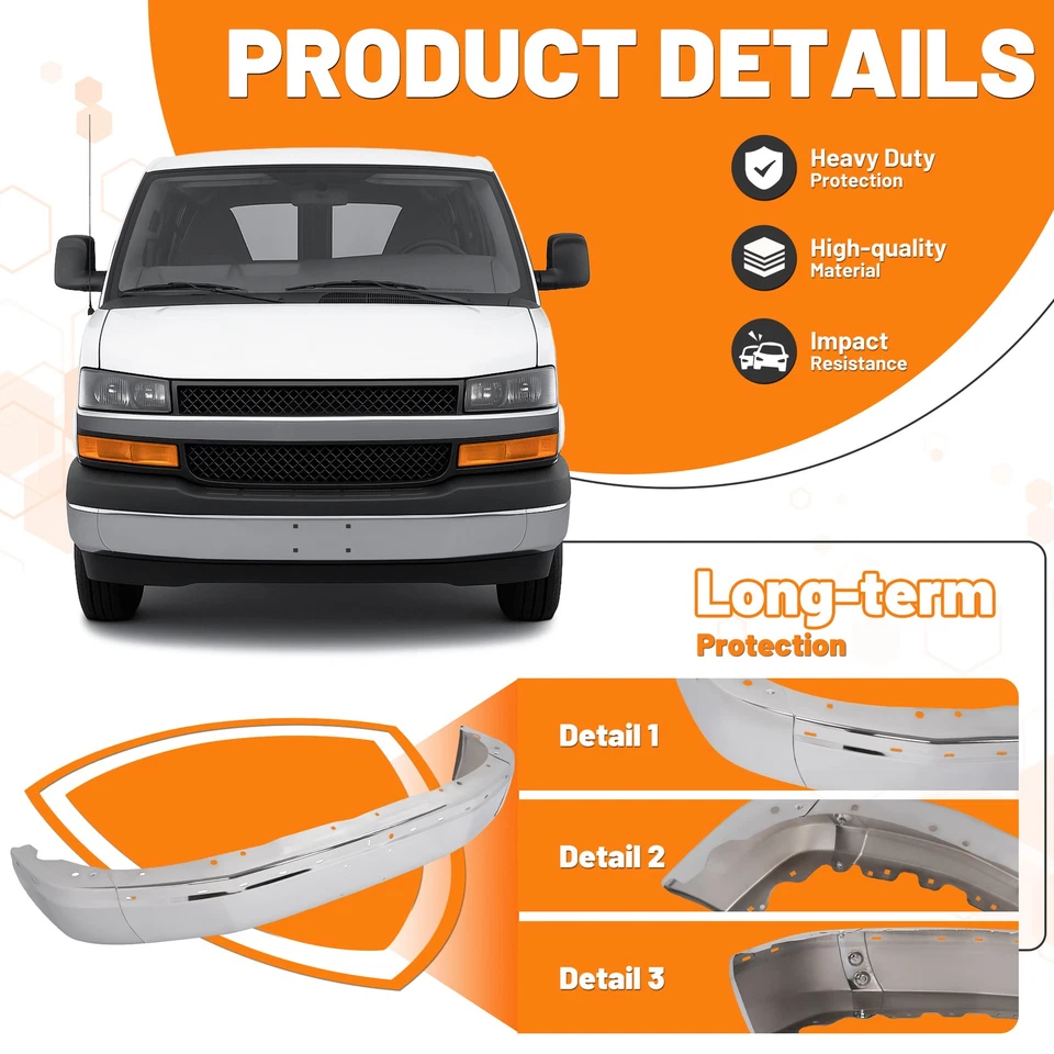 Chrome Front Bumper Face Bar For Chevrolet Express GMC Savana 1500 2500 2003-25 Foto 4 de 4