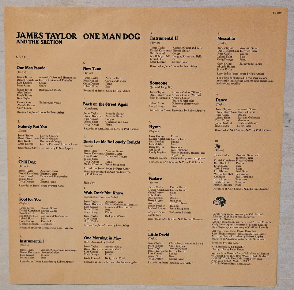 James Taylor, One Man Dog, Vinyl LP, Warner Brothers BS-2660, 1972. Foto 3 de 4