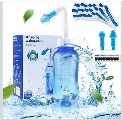 WATERPULSE Nasal 300ML Bottle Nose Wash Cleaner with 60 Nasal Wash Salt Packets Kids Adult