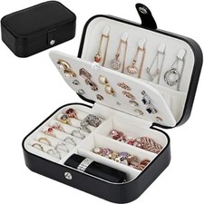 Compact PU Leather Double Layer Jewelry Organizer Box Portable Black Travel Case