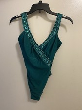 Womens Gottex One Piece Swimsuit Swim Bathing Suit M 8 Green V Neck Design