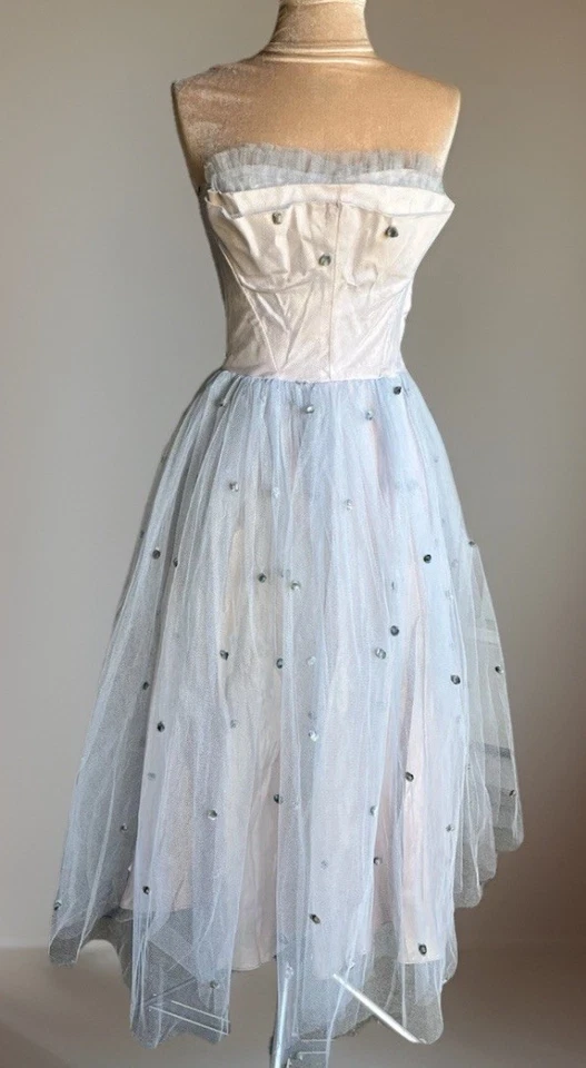 Vintage 50s Powder Blue Prom Dress Pom Pom Cinderella Full Skirt Pinup Wedding - Image 2 of 4
