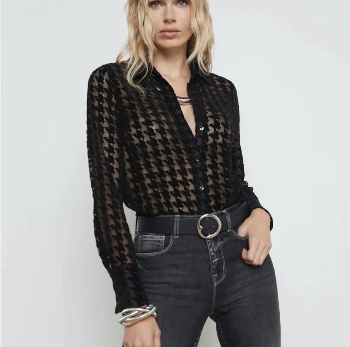 L’agence Black Sheer Houndstooth Textured Button Up Shirt