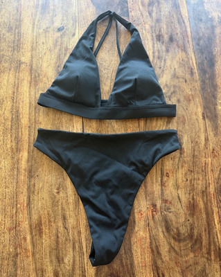 Women s Black Solid Triangle Top Thong Bottom Adjustable Strap 2pc Bikini M
