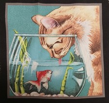 Elizabeth's Studio "Kitty Cat Goldfish" Cotton Fabric Panel 6.75"x6.75"