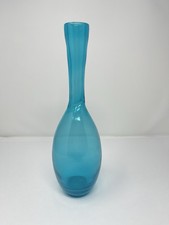 Hand Blown Art Glass Elongated Vase Vibrant Blue Teal Striations At Neck MCM