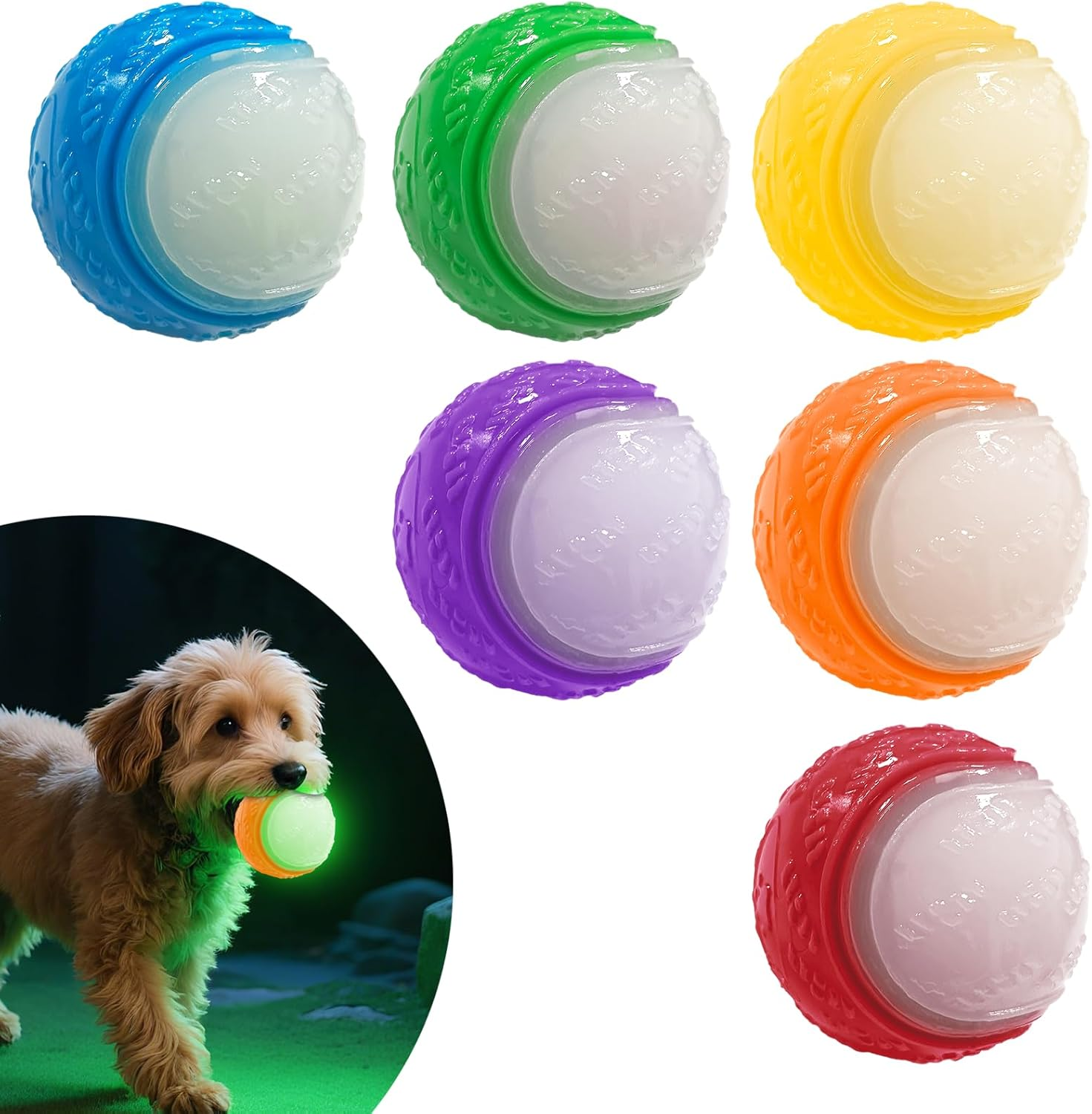 6PCS Glow in the Dark Dog Balls, Durable Squeaky Rubber Dog Toys, Floating Chew