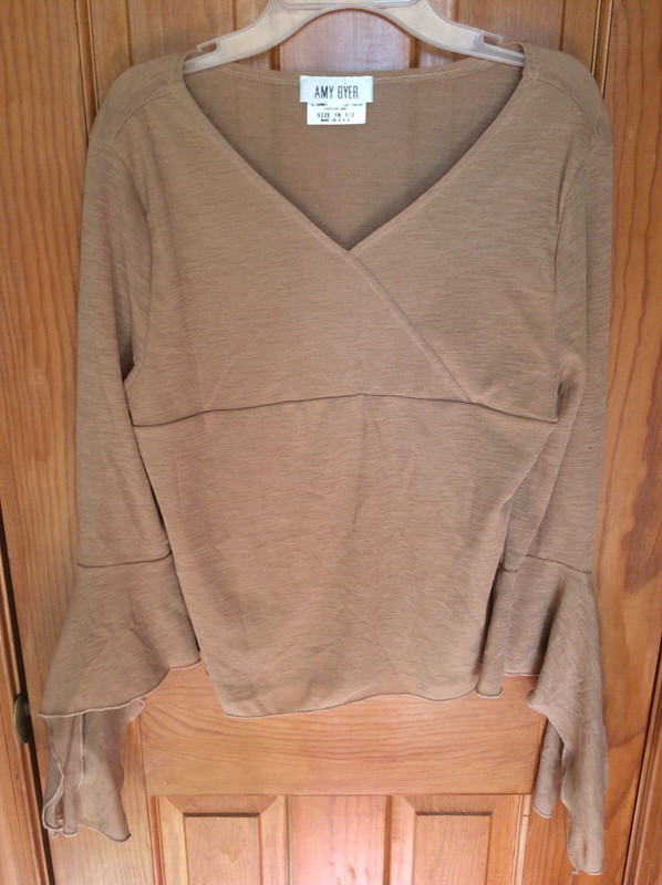 Girl's Amy Byer Tan Sheer V Neck Peasant Shirt Plus Size 18 1/2