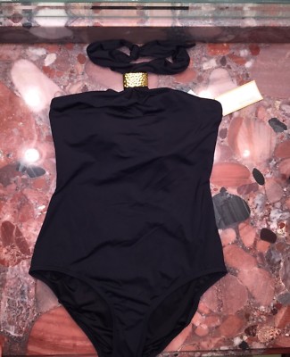Nwt Michael Kors Schwarz Hoher Hals Halfter Maillot Einteilig Badeanzug Frauen 6