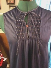 Vintage Movie Star Navy Nylon Smocked Bodice Long Nightgown Women s Sz Small