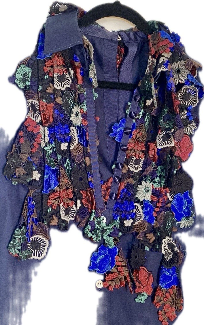 FAVOLOSO TOP TUNICA ABITO SACAI 3492 BLU CON RICAMO MULTICOLORE UNICO L