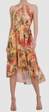 Vince Camuto Women's Yellow Floral Chiffon Halter High-Low Midi Dress Size 12