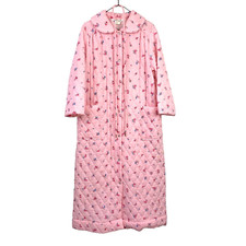 Vintage Leisure Life Floral Pink Quilted Long Snap Up Bath House Robe Large