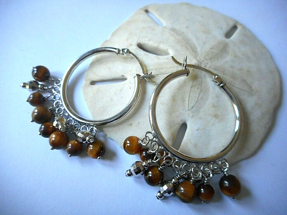  Sterling Silver Tigers Eye Bead Dangle Cha Cha Hoop Earrings  29A14 - Image 2 of 4