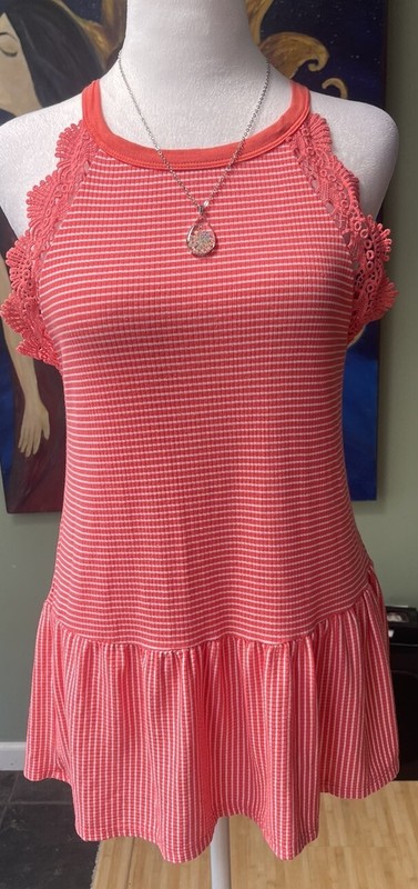 Hailey & Co Coral White Striped Tunic Tank Top Shirt Women’s Sm EUC 
