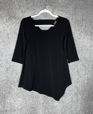 Clara Sun Woo Tunic Top Womens Size XS Black Asymmetrical Hem Stretch 3/4 Sleeve