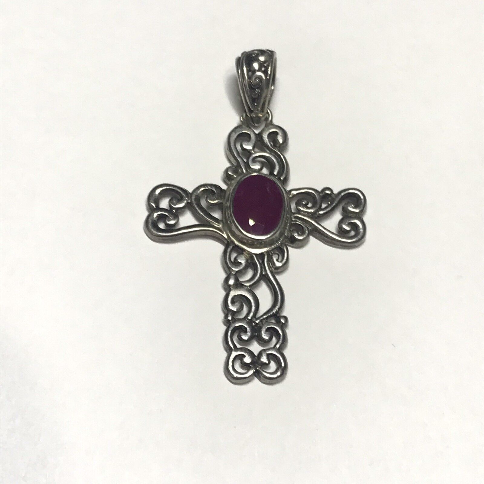 Vintage 925 Sterling Silver Ruby Cross Pendant Ma… - image 3