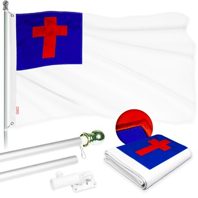 NEW G128 Christian Flag & Flagpole, 5FT Silver Pole + 2.5x4FT Embroidered 300D