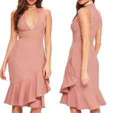 Missguided Size 12 Rose Pink Plunge Ruffle Body-Con Dress V-Neck Sleeveless