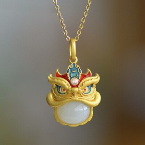 Authentic White Natural Jade Lion Pendant Necklace Real Jewelry 18K Gold Plated