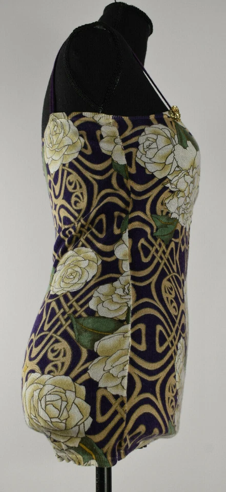 Roberto Cavalli 尺寸 46 意大利面肩带针织花卉上衣金属眼镜蛇米色紫色 — 第 4/4 张图片