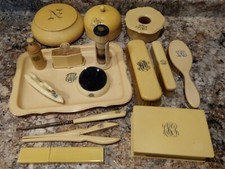 Vtg Ivory Pyralin Celluloid Art Deco 16 Piece Vanity Dresser Set perfume tray