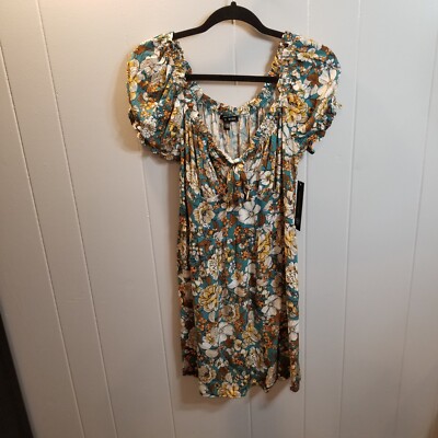 U Wish Women's M Teal  Vibrant Floral Mini Dress Baby Doll Festival Boho