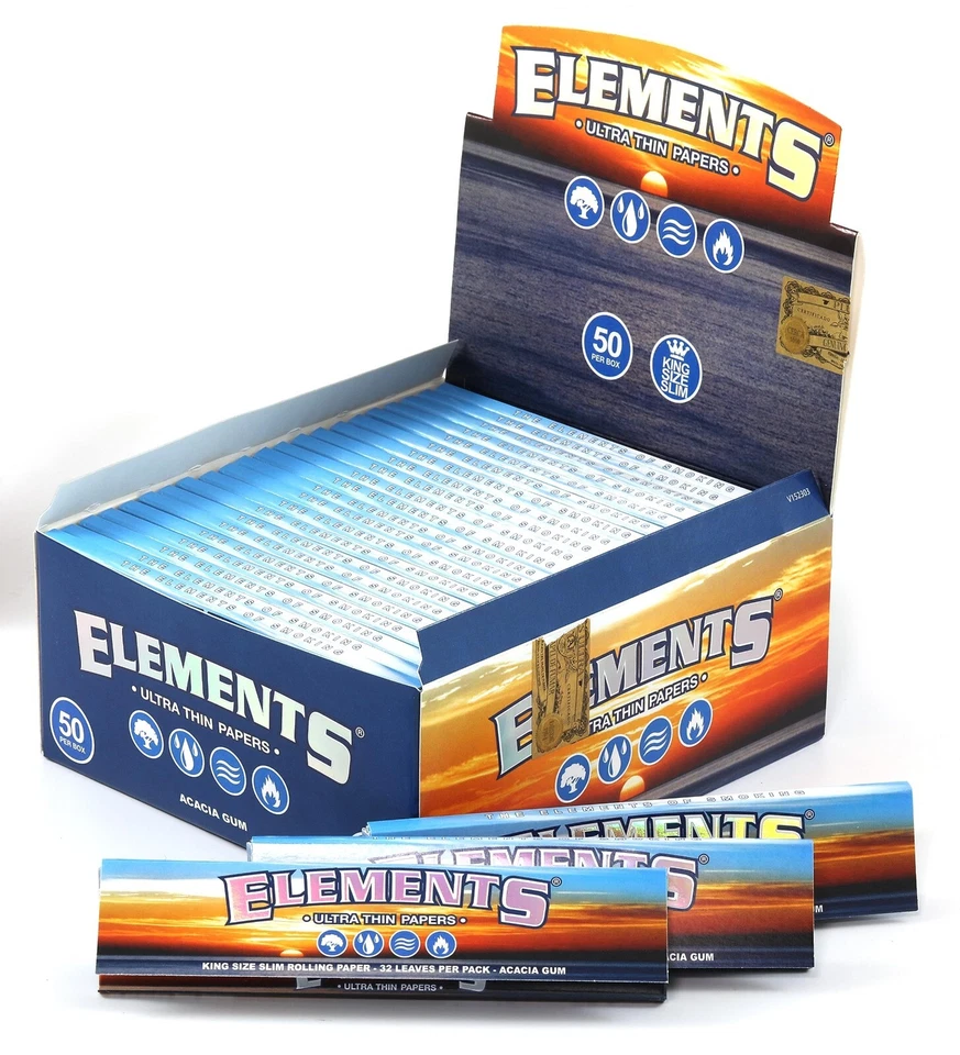 50 Per Box New ELEMENTS KING SIZE Ultra Thin Rice Slim Rolling Papers Skin