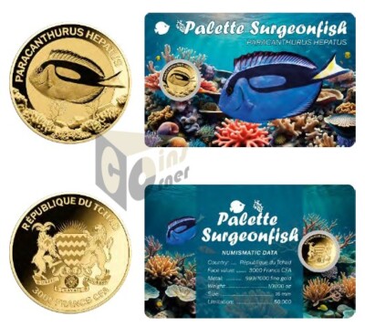 Surgeonfish 1/1000 Oz 999 Gold Coin 3000 Francs Chad, $44.00