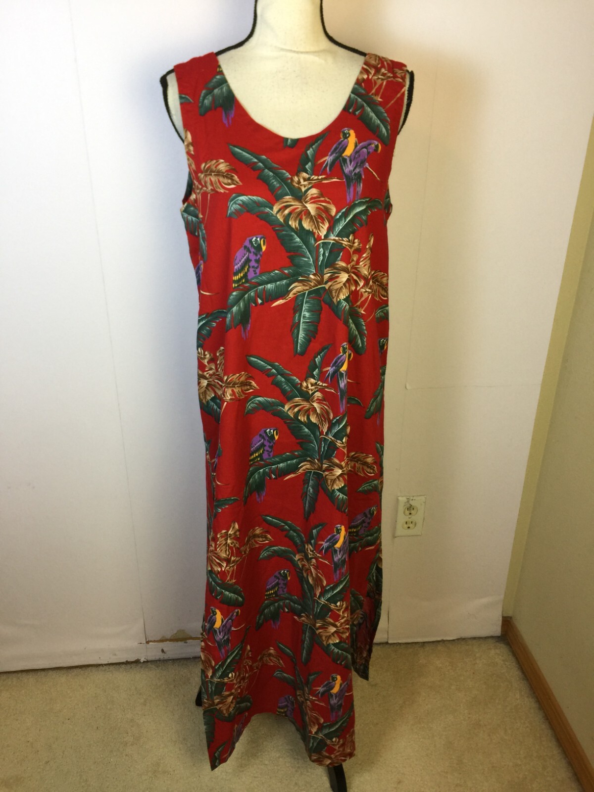 Paradise Found Hawaii Maxi Dress Size L Womans Red Parot Vintage 80s Sleeveless