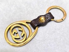 GUCCI GG Logo Gold Color Leather Keyring