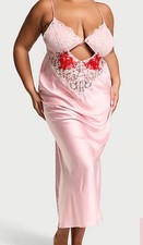 Victoria  s Secret DREAM ANGELS Pink Satin Lace Trim Long Slip Dress Large NWT