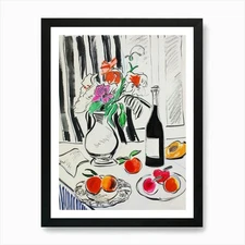 Wine and Flowers on the Table. Mati Framed Wall Art Poster Canvas Print Picture