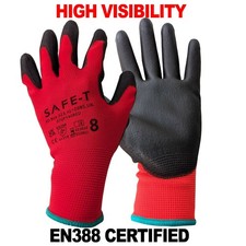 Red Black PU Coated Hi Vis Work Gloves Mens Builders Gardening Warehouse Safety