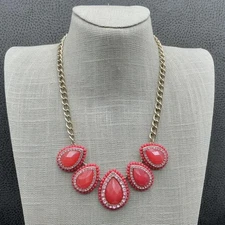 Charming Charlie Statement Necklace Women Gold Tone Coral Teardrop Rhinestone