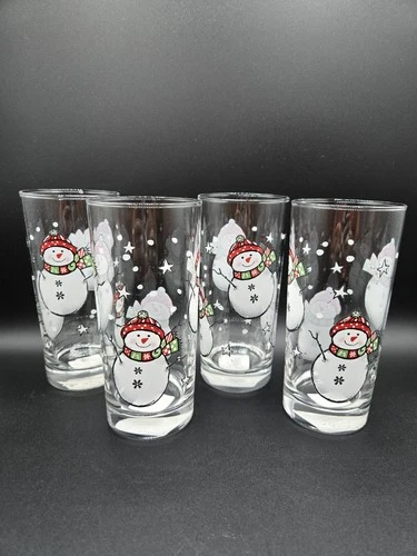 Libbey Snowman X-mas Holiday Winter Tumblers Set Of 4  Excellent VNT Condition 