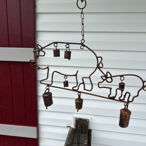 Vintage Pig & Baby Pig Wind Chime Rustic Welded Metal Cottage Farmhouse 