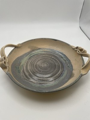 Handmade  Studio Art Pottery Serving Dish Pie Plate With Handles signed  9  Dia