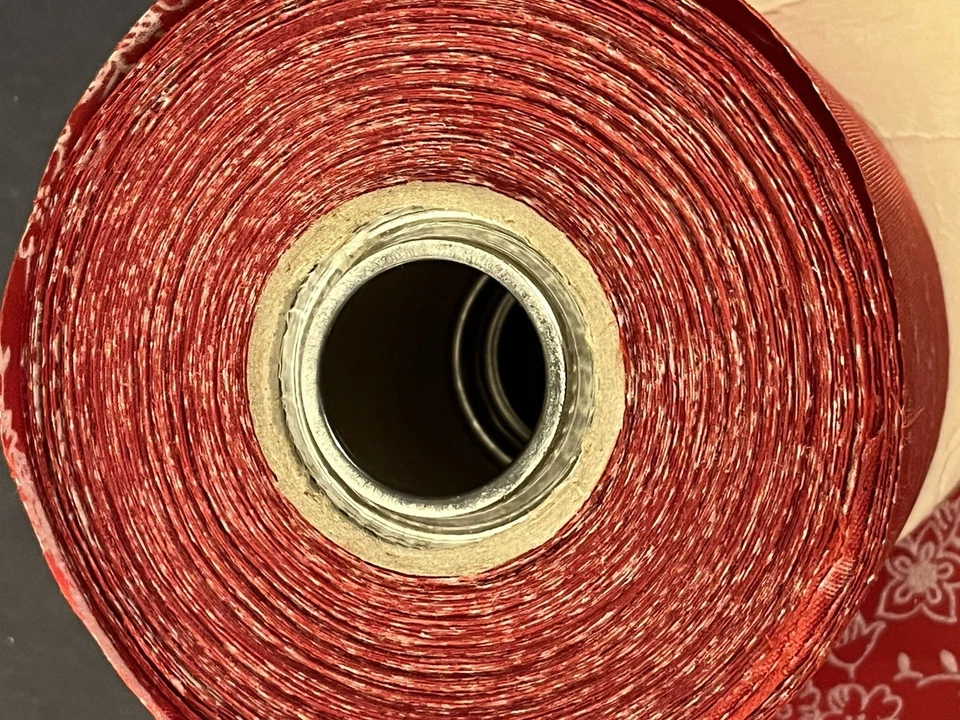 Vintage Ribbon 2 - 3/4" Wide 50+ Yd Roll Red & White Flocked Flowers - Image 3 of 4