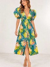 FARM Rio Star Fruits Tropical Print Puff Sleeve Button Front Midi Dress