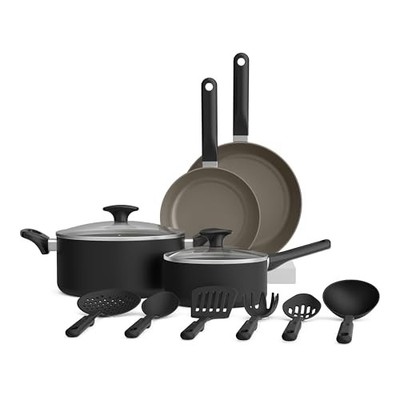 BELLA 12 PIECE COOKWARE SET EVERGOOD CERAMIC NONSTICK COATING - BLACK