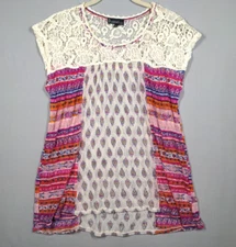 Signature Studio L Top Pink Women Boho  Crochet Sheer Hippy Tribal Blouse