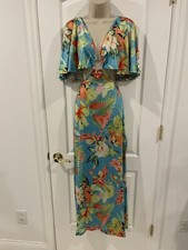 Haoduoyi Blue XL Flounce Floral Maxi Dress Short Sleeve On Off Shoulder Cut Out