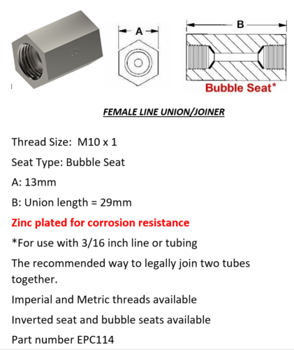 Female Brake Line Union - Joiner Bubble Seat M10 x 1 - Afbeelding 1 van 3